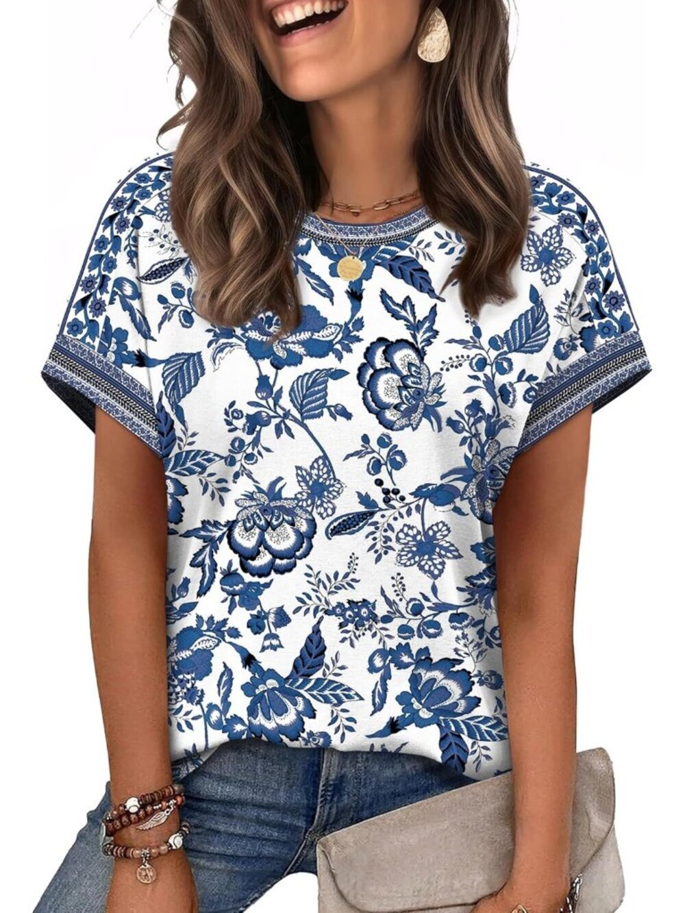 Women's Blue White Floral Crew-neck Short Sleeve Classic Loose Fit Summer Shirt